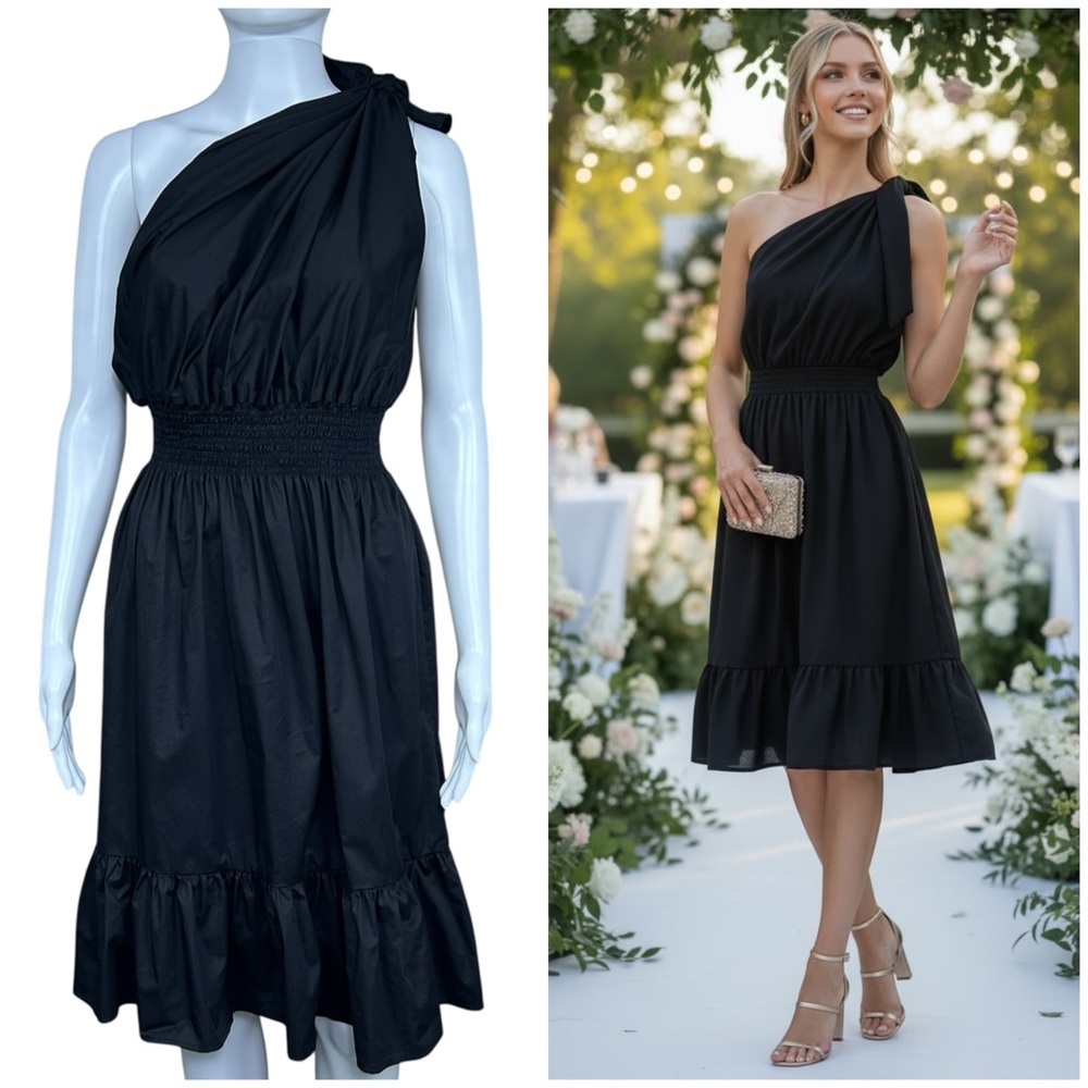 Monica Nera Demi Midi One Shoulder Smoked Waist Dress Size M Ruffles Event Party